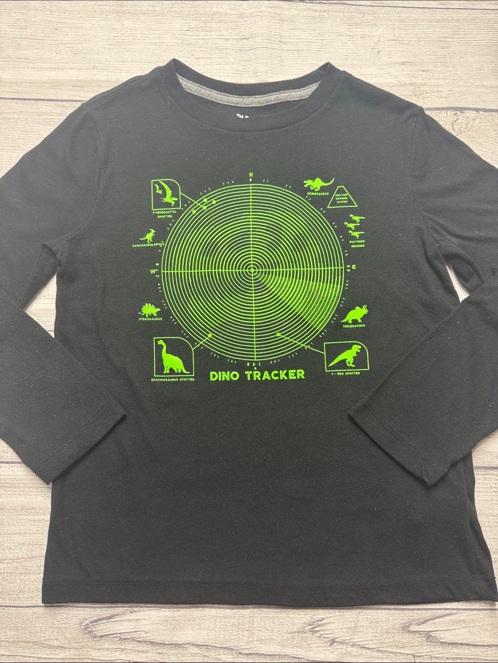 Old Navy Boys Black Long-Sleeve 'Dino Tracker' Tee with Neon Green Graphic
